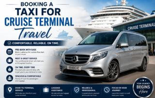 Graphic about booking a taxi for cruise terminal travel, showing a people carrier beside a cruise ship