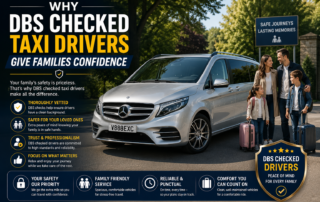 Graphic explaining how DBS-checked drivers give families confidence, showing a family beside a people carrier