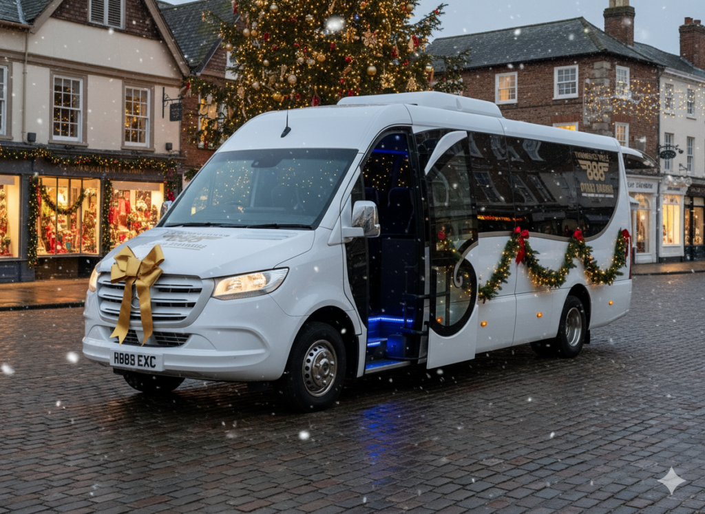 Christmas minibus hire in Tunbridge Wells: 888 Taxis 16-seat Mercedes Sprinter decorated for Christmas